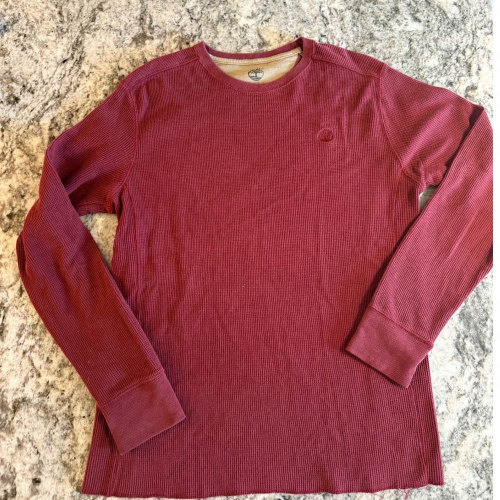 Timberland Mens Burgundy Waffle Knit Thermal Long Sleeve Shirt Size Medium‎